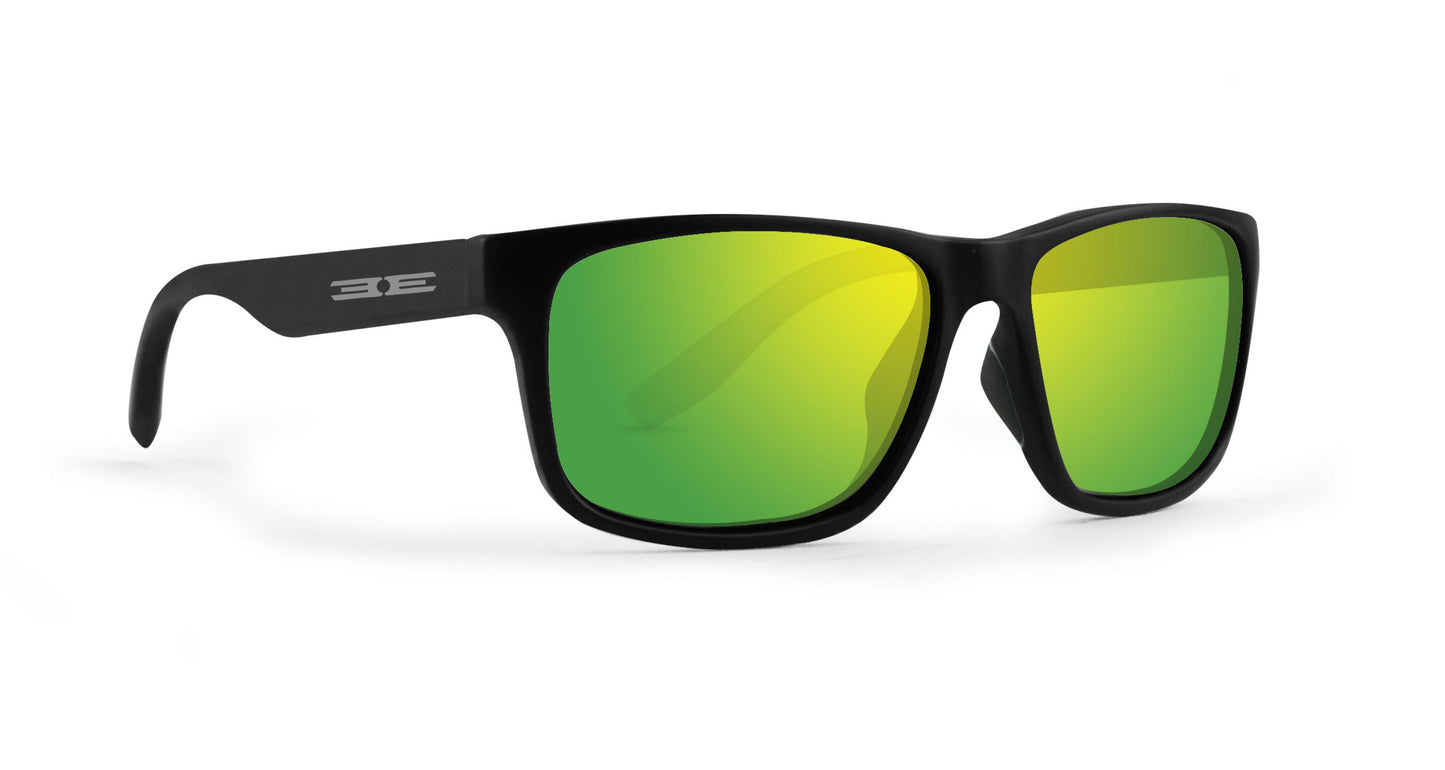 Epoch Eyewear’s Delta sunglasses feature black rectangular frames and vivid green mirrored lenses, with lightweight arms showcasing a silver logo near the hinges. They are angled against a plain white background.