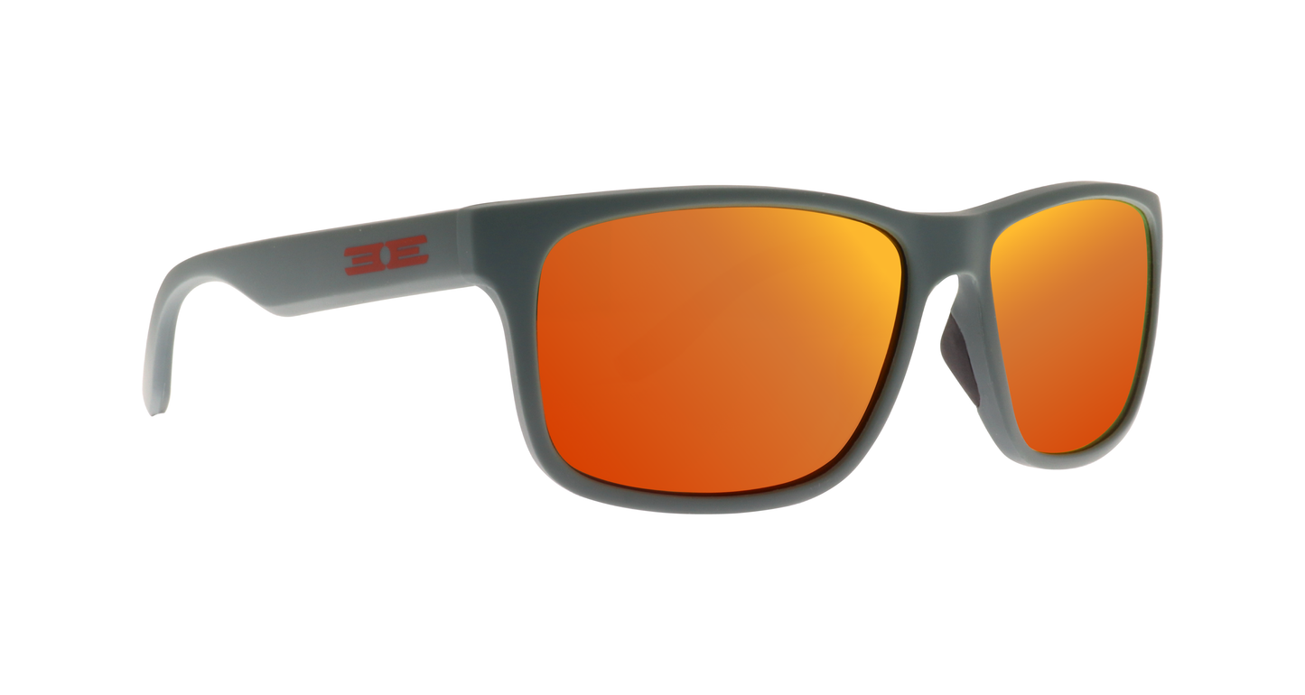 The Delta sunglasses by Epoch Eyewear feature a matte gray frame with rectangular mirrored orange lenses and red logo accents on the temples, creating a bold look that stands out against the white background.