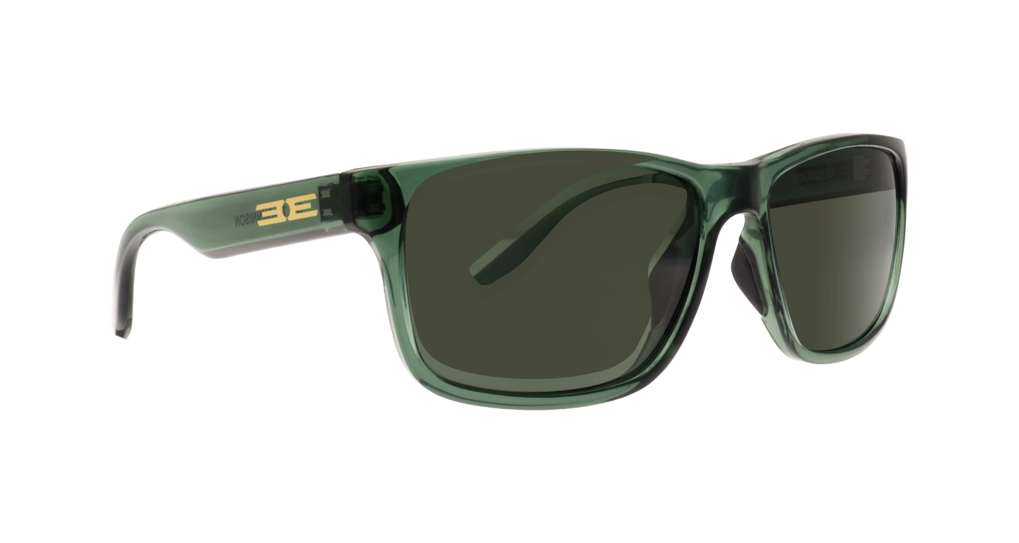 The Delta sunglasses by Epoch Eyewear feature dark green translucent rectangular lenses, a lightweight frame with slightly curved arms, a gold 3E logo on the left arm, and glossy finishes. Shown at a three-quarter angle with dark lenses.