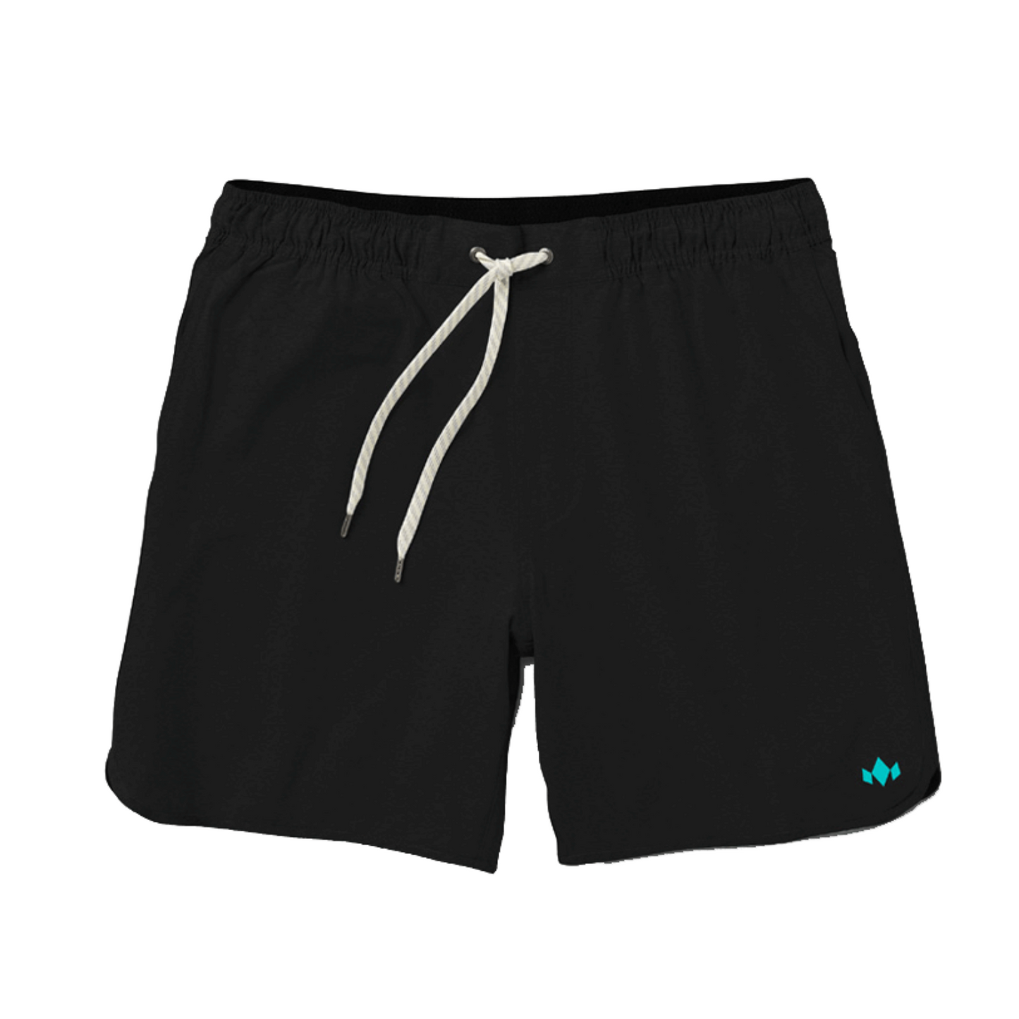 The SCALES Men's Volley Shorts by Diadem Sports feature an elastic waistband, white drawstring, and a blue crown logo. These classic black shorts are made from lightweight, moisture-wicking fabric—ideal for swimming and beach activities.