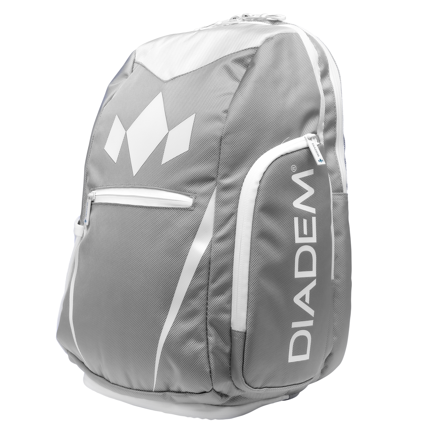 The Diadem Sports Tour v3 Backpack is a sturdy gray and white pickleball bag with reinforced seams, smooth fabric, a front zip pocket, curved side zipper, large vertical DIADEM text, and a geometric white logo on the front.