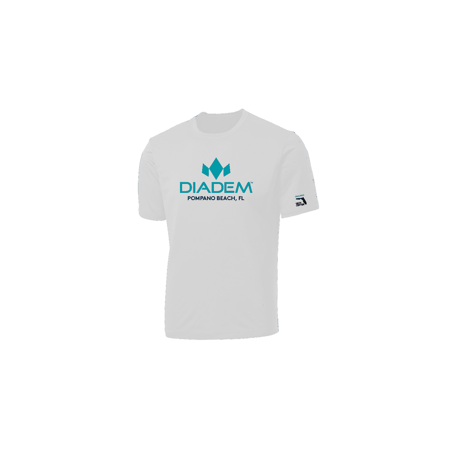 The Diadem Pickleball DryCore 100% Polyester Shirt by Diadem Sports features a white design with a teal crown logo and "DIADEM POMPANO BEACH, FL" on the chest, plus a small black-and-white sleeve logo. Shown on a light gray background.