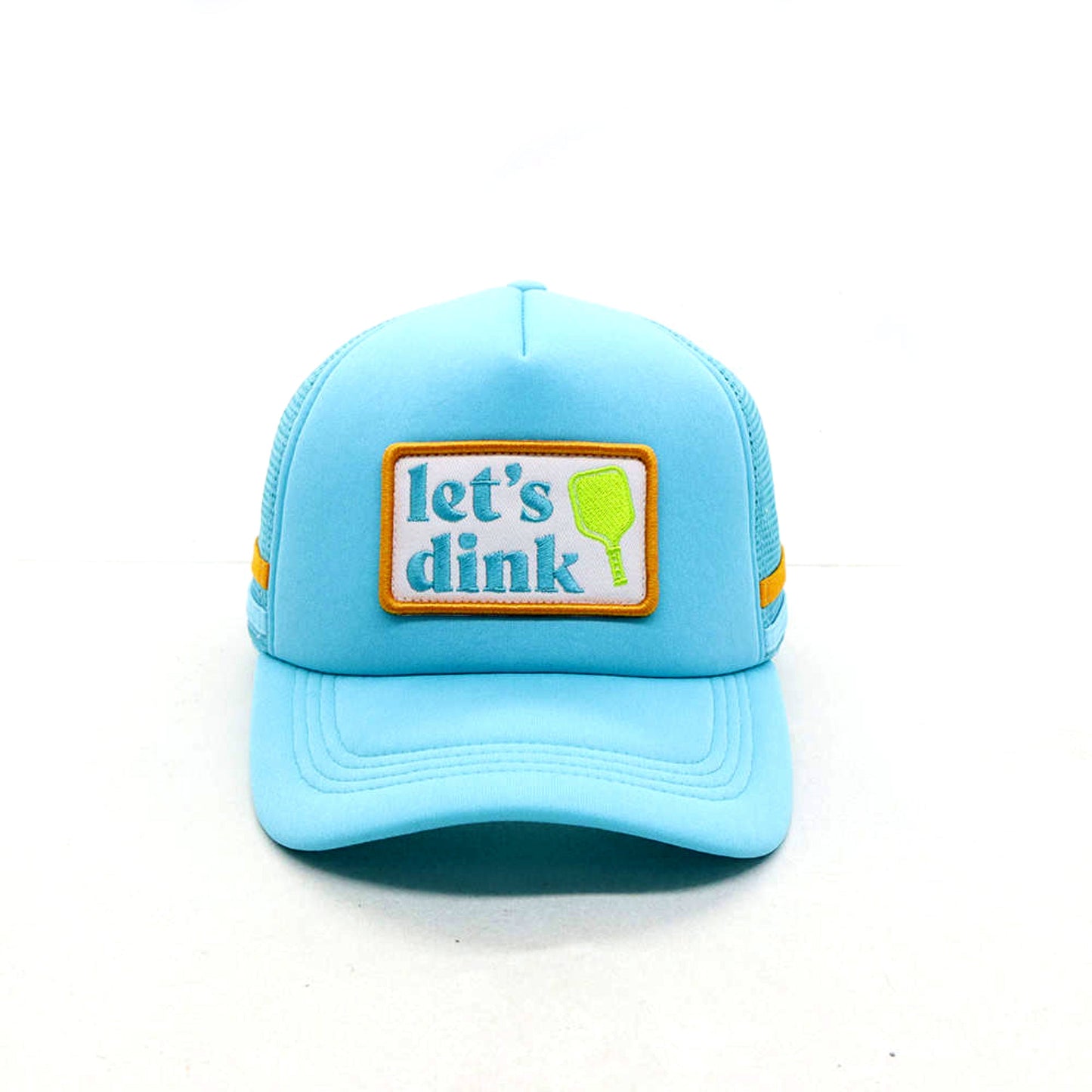 The Swinton Pickleball Dinking Cap Foam Snapback Hat features light blue mesh, yellow side stripes, a "lets dink" patch in turquoise and orange beside a green pickleball paddle. It’s shown on a white background.