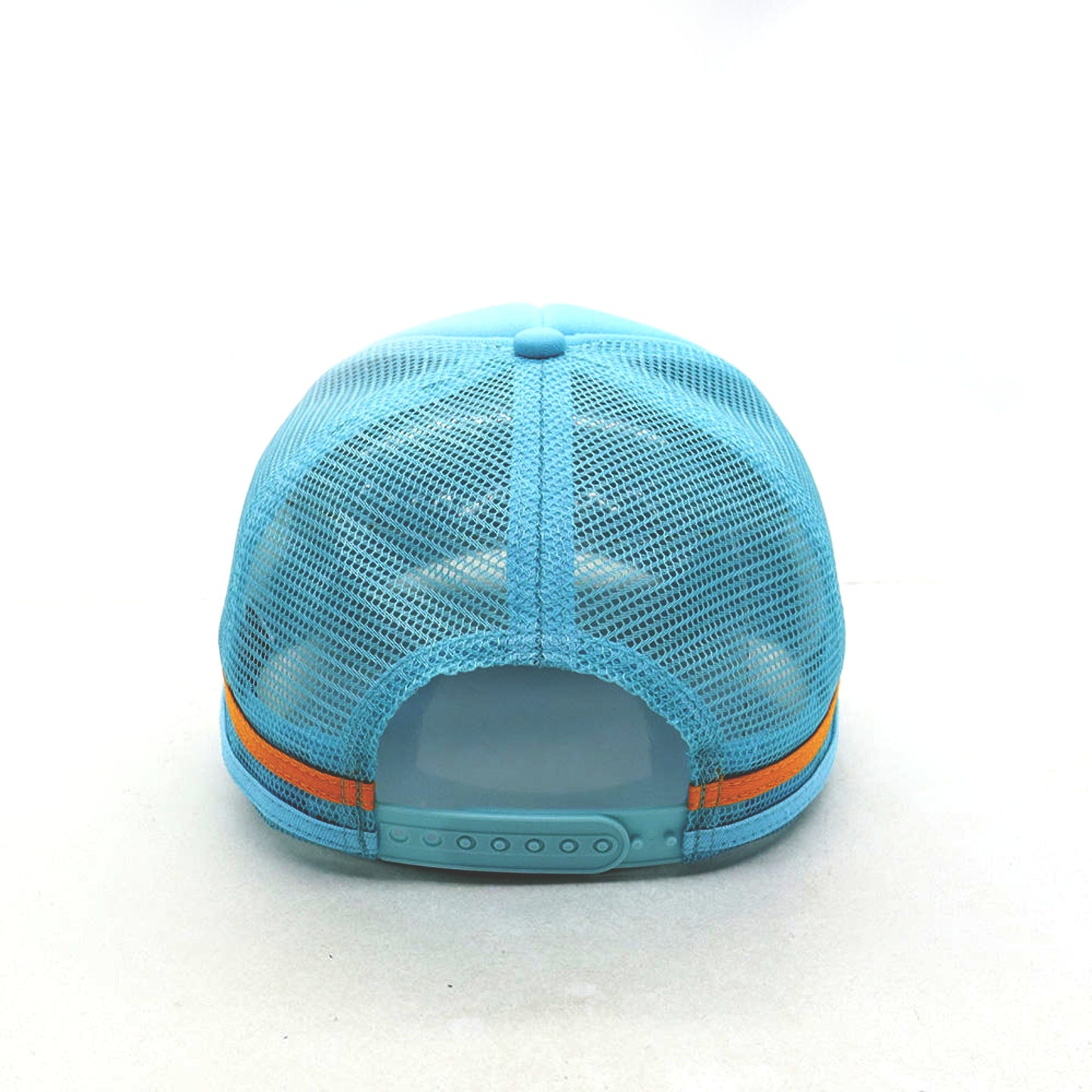 The Swinton Pickleball Dinking Cap Foam Snapback Hat is shown from the back in light blue with a breathable mesh design, an adjustable snapback closure, and an orange stripe on the lower back panel, set against a plain white background.