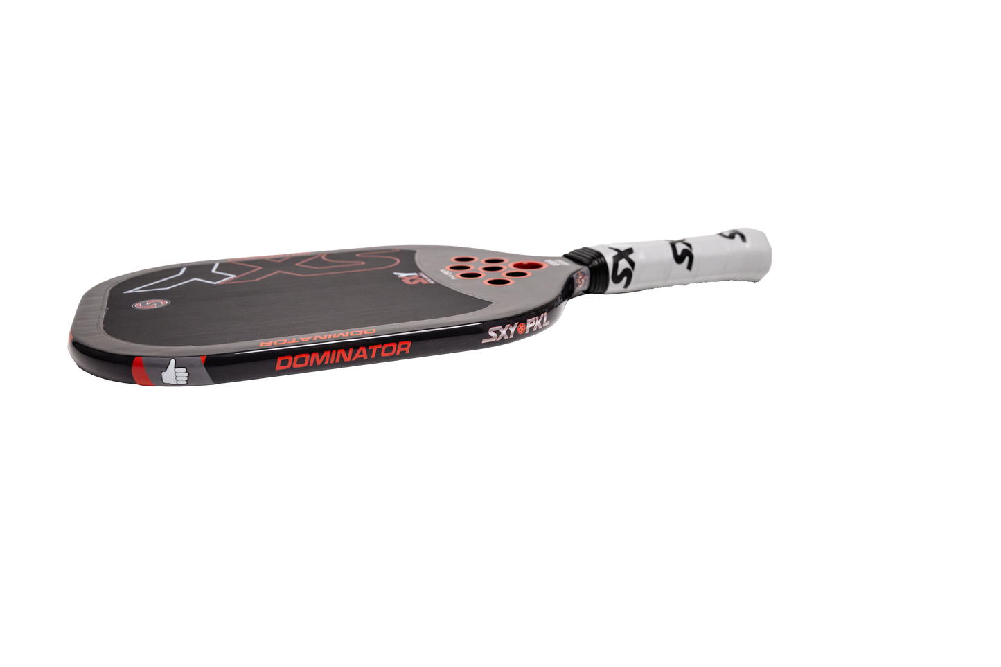 The SXY PKL Dominator Pickleball Paddle by SEXY Brand features a black carbon fiber face, red accents, DOMINATOR and SXY EVO labels on the edge, a white grip with black SXY print, round holes near the handle, and a textured surface.