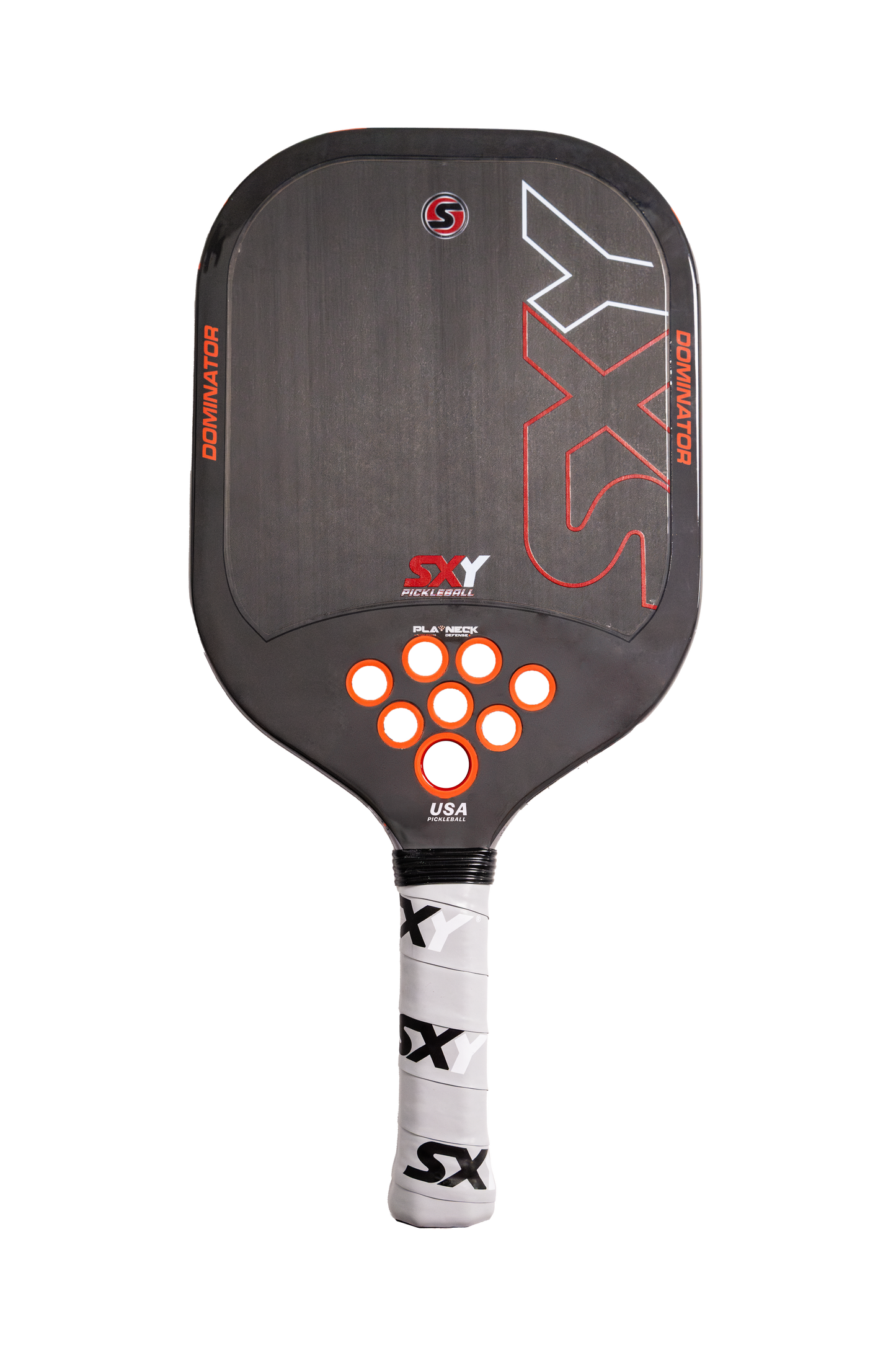 The SXY PKL Dominator Pickleball Paddle by SEXY Brand features a black carbon fiber face, bold gray and red SXY logo, orange dots near the handle, DOMINATOR on both sides, a white grip with SX in black—shown on a plain white background.