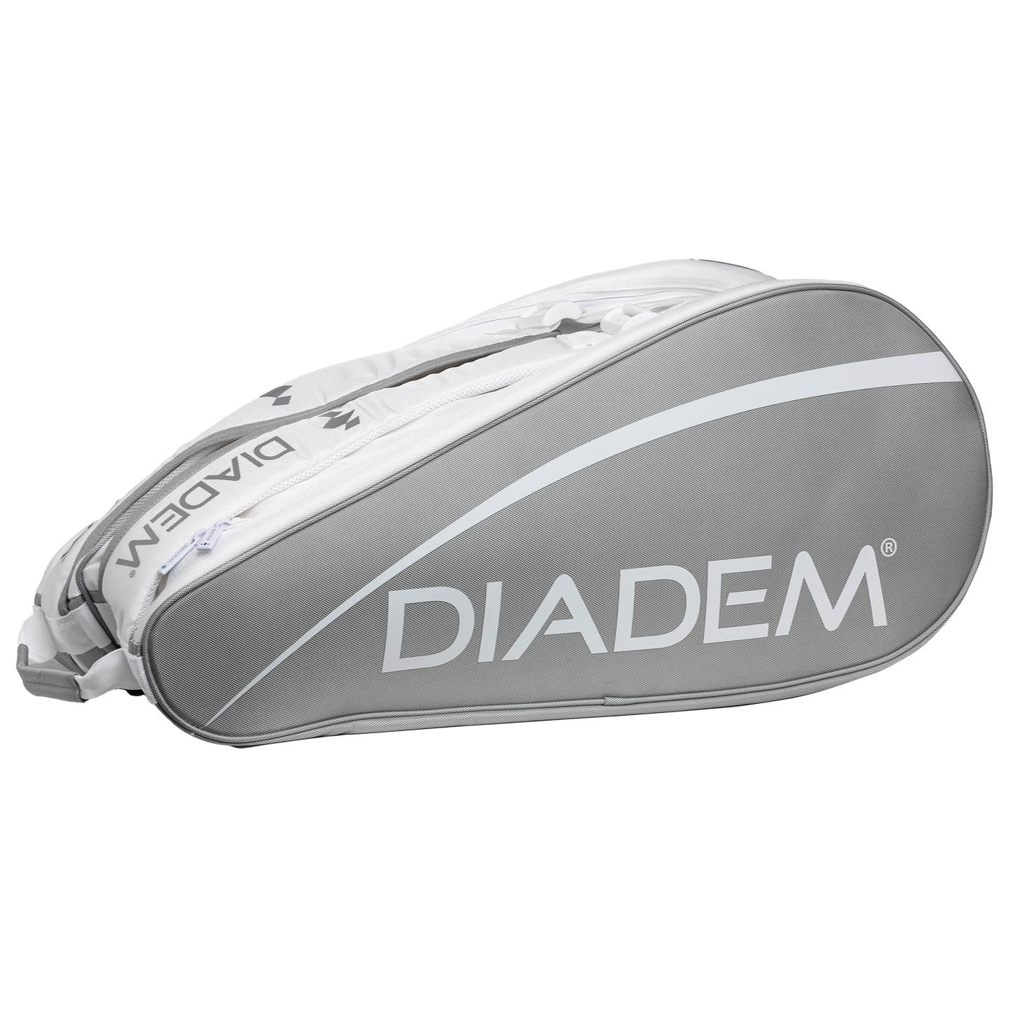 The Diadem Sports Tour v3 9PK is a large gray and white tennis bag with a curved design, bold "DIADEM" text, white zipper, two white carrying straps, padded racket storage, and a subtle diagonal stripe on the front.
