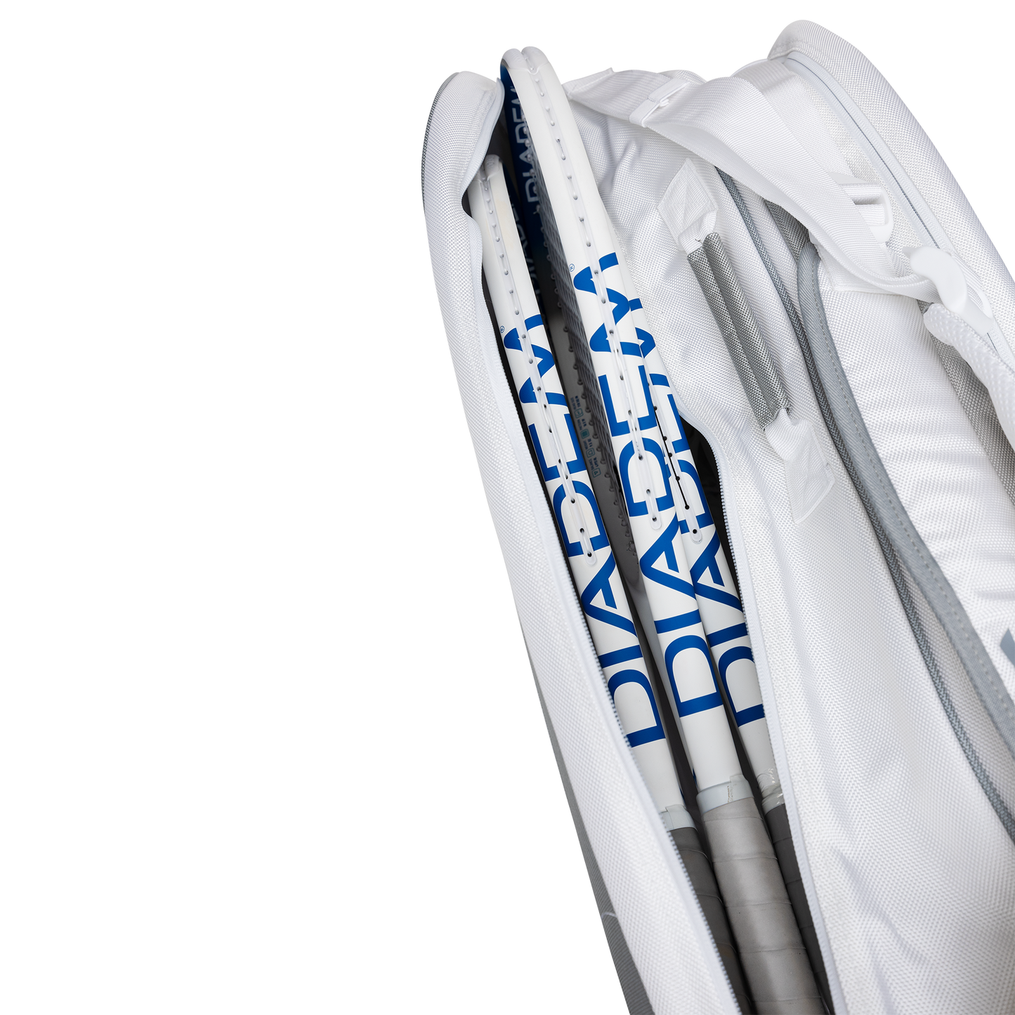 Close-up of a Diadem Sports Tour v3 9PK tennis bag unzipped, showing two white racquets with blue DIADEM branding upright inside the bag, set against a plain white background.
