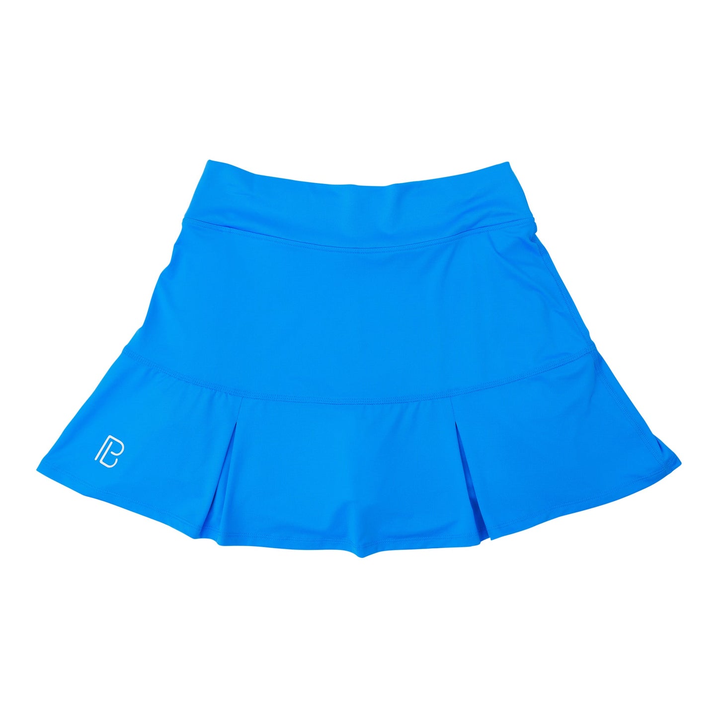 The Pickleball Bella PB Drop Pleat Skort in Electric Blue with Net Worth features a slightly flared hem, subtle stitched waistband, and white “B” logo near the hem. Includes compression shorts for comfort. Shown on a plain white background.