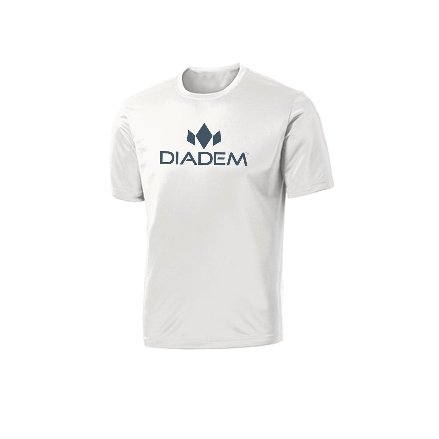 The Diadem Sports Drycore Logo T-Shirt is shown on a white background. Made of polyester, it features the bold “DIADEM” name and geometric crown logo, classic crew neck styling, and superior sweat-wicking for all-day comfort.