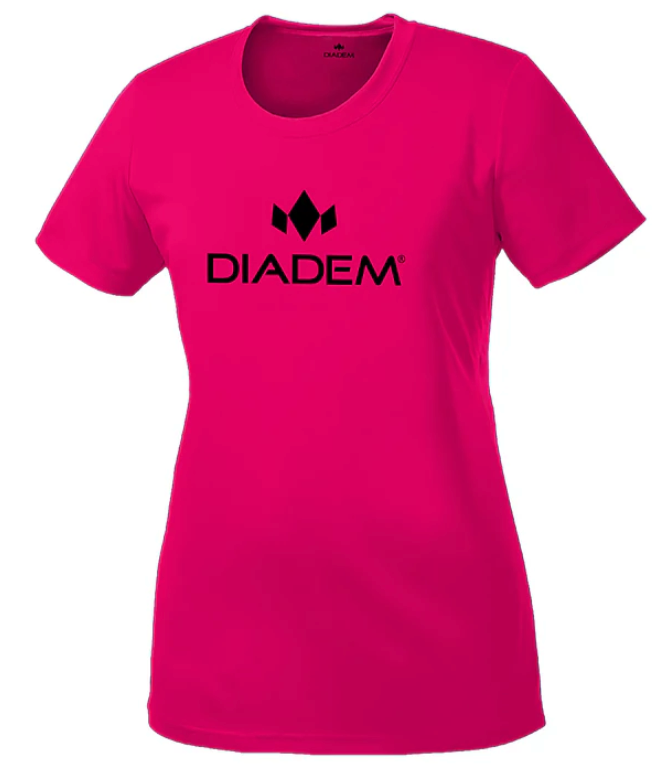 The Drycore Women's T-Shirt by Diadem Sports is a bright pink, moisture-wicking, breathable crew neck with "DIADEM" and a black crown logo on the chest. This fitted shirt offers comfort and style for active women.