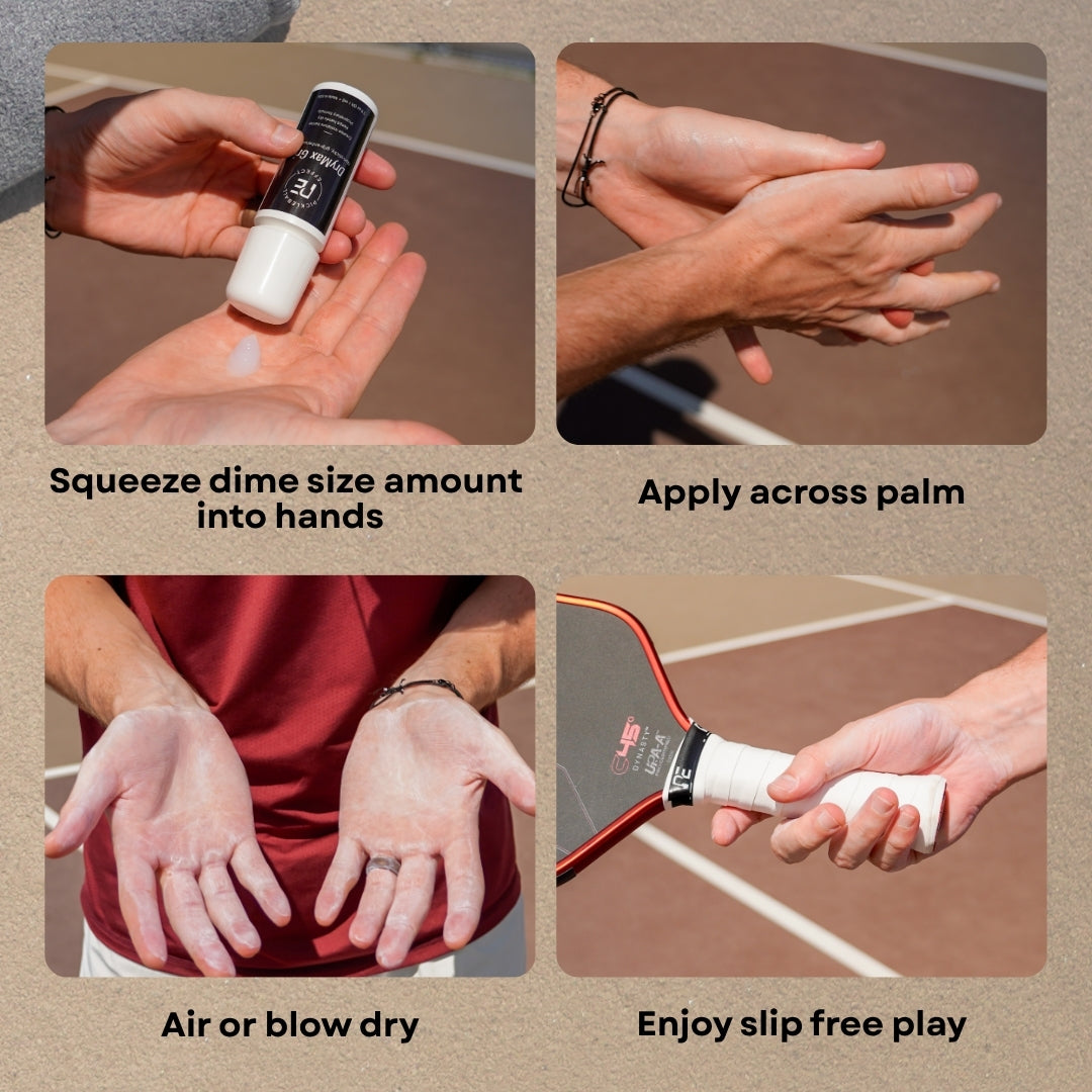 Four-step image guide: Squeeze Pickleball Effect Shop’s DryMax Grip gel, rub across palms, let dry to form a white grip-enhancing layer, then grip your pickleball paddle with improved control. Each step is described in the text.