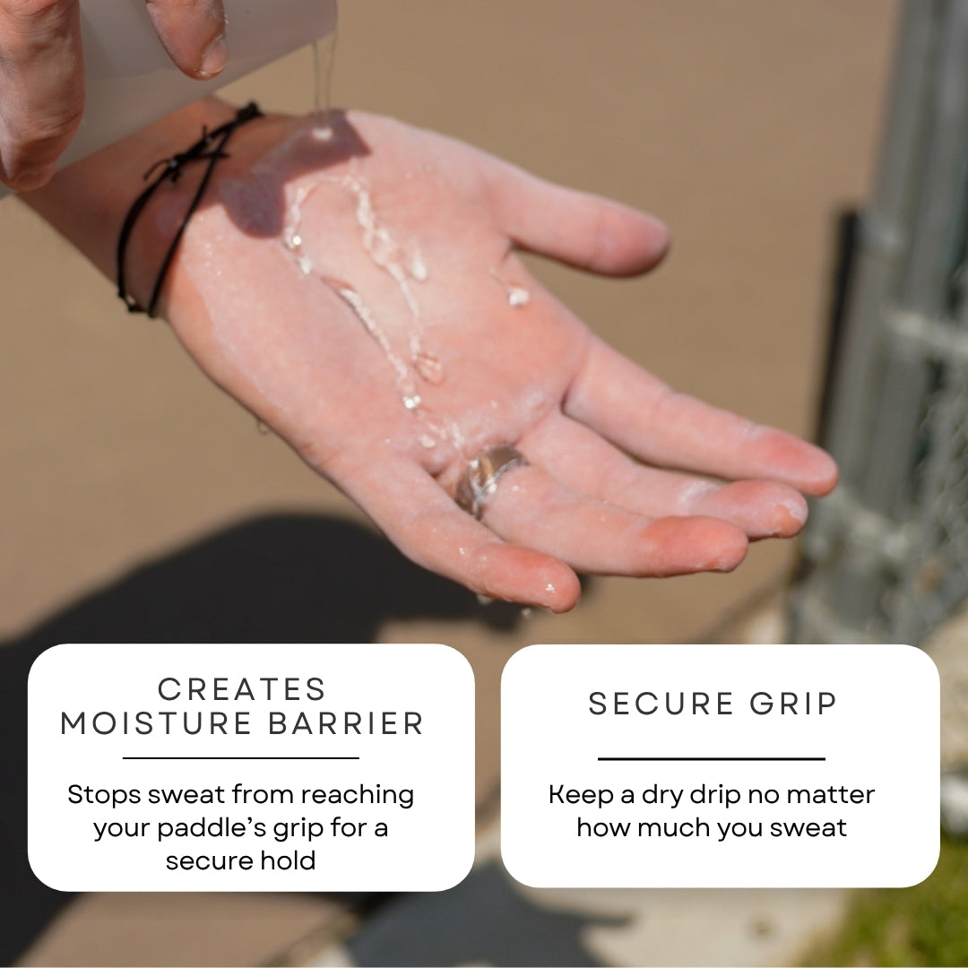 A close-up shows DryMax Grip from Pickleball Effect Shop creating a moisture barrier on skin, stopping sweat for better control. Text reads: "Enhanced grip—Stay dry and secure no matter how much you sweat.