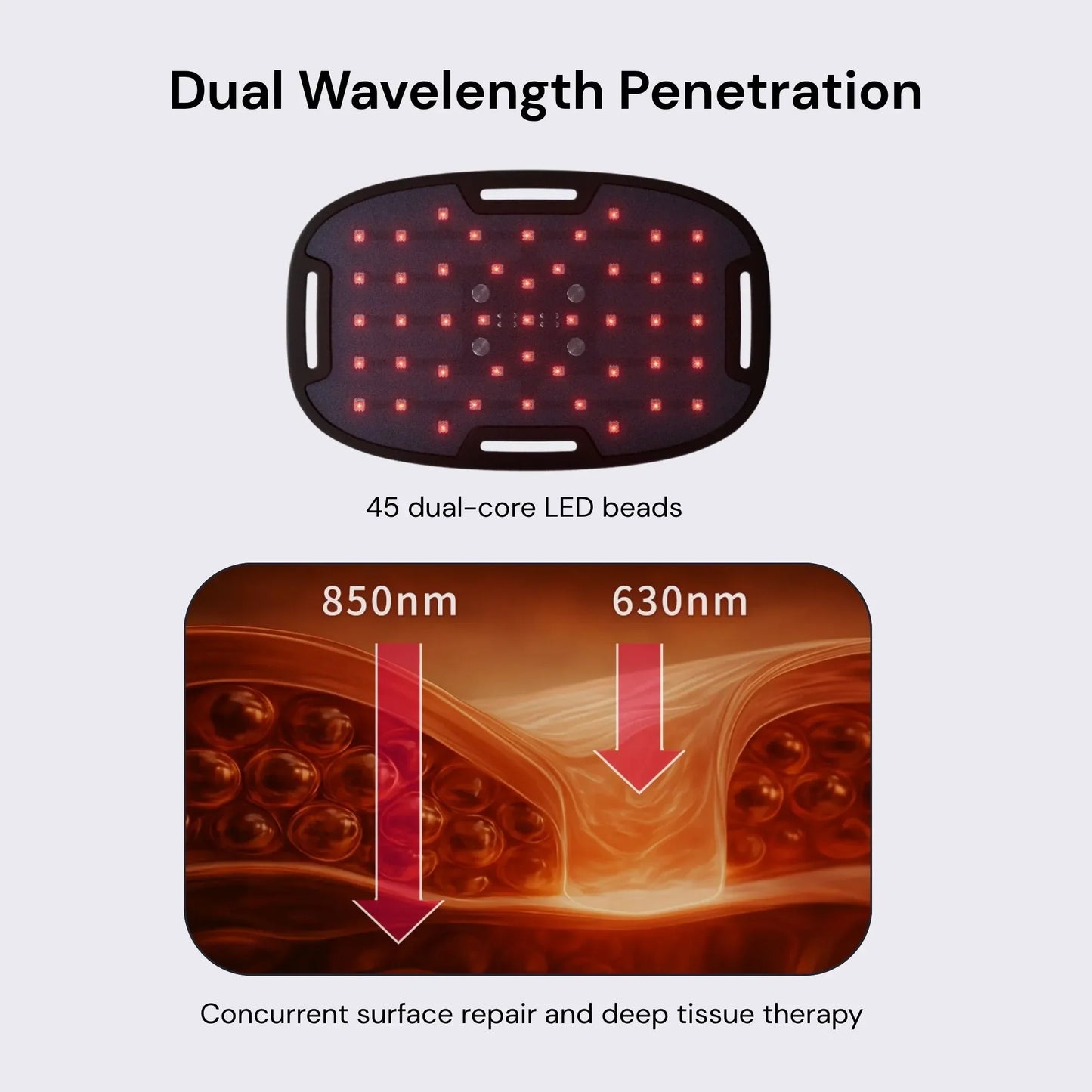 The iReliev Body Pro Red Light and Infrared Therapy Wrap features 45 red LED beads shown above an image of light at 850nm and 630nm wavelengths, illustrating “Dual Wavelength Penetration” for enhanced sports performance and pain relief.
