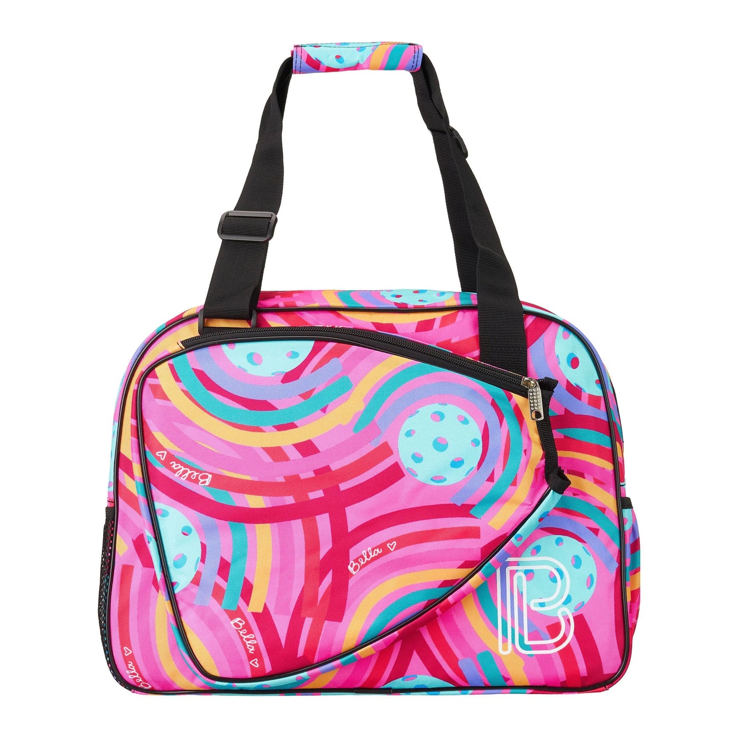 The Pickleball Bella PB Duffle Bag Circle features vibrant multicolored arched stripes, black handles, a front zip pocket, adjustable padded shoulder straps, a white “B” logo, and a name tag on the curved pocket reading “Bella.”.