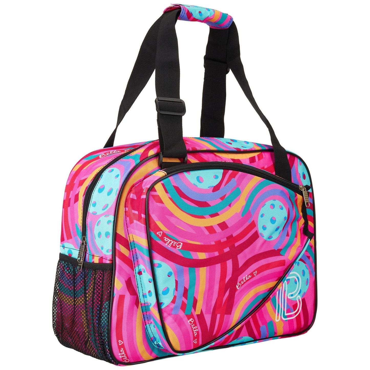 The PB Duffle Bag Circle by Pickleball Bella is a durable gear bag with black handles, pink/blue/yellow/orange swirl design, front zip pocket, mesh side pocket, adjustable padded straps, and a small white logo in the lower right corner.
