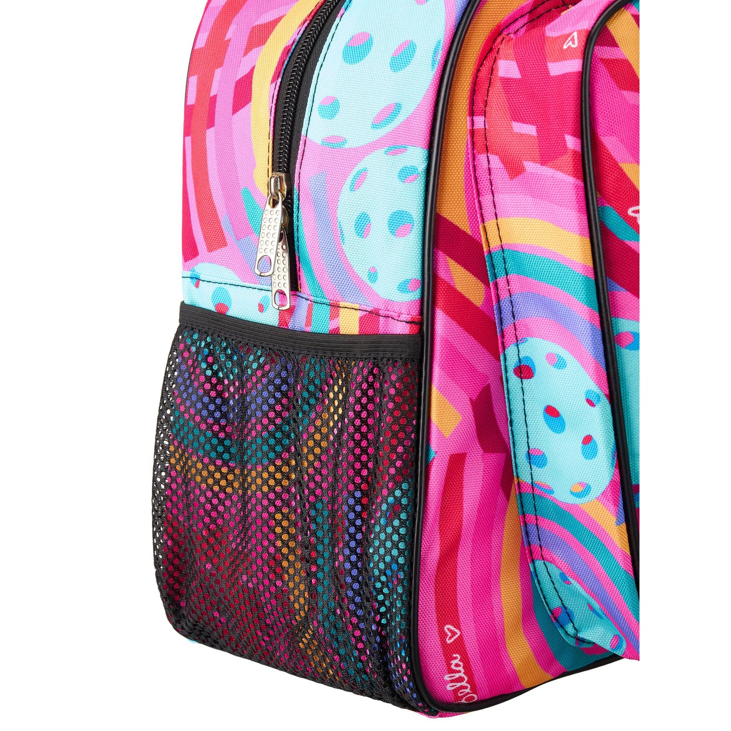 A close-up of the Pickleball Bella PB Duffle Bag Circle shows its vibrant multicolored arched stripes, swirls, and dots. Features include a black zippered pocket, mesh side pocket, adjustable padded straps, and a small heart logo on the lower right.