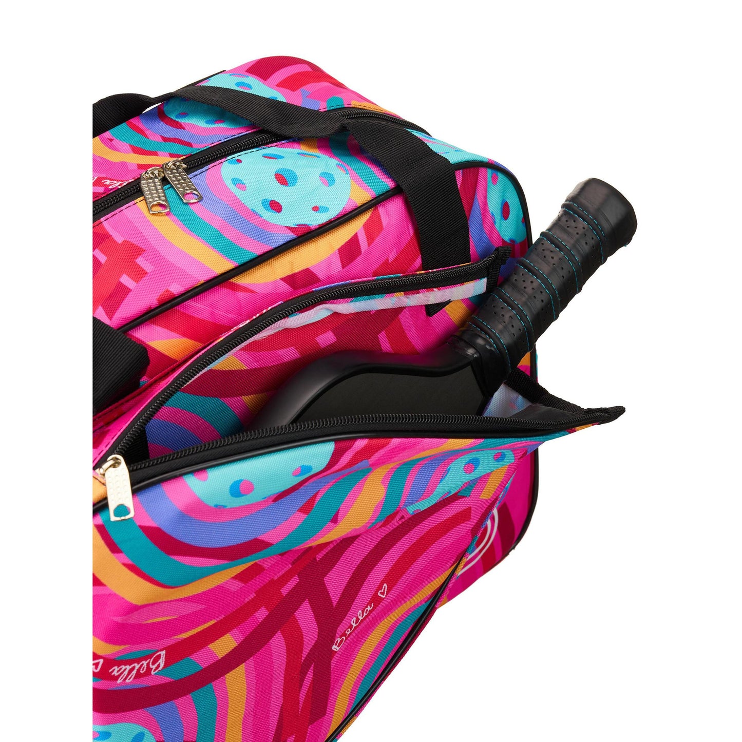 The Pickleball Bella PB Duffle Bag Circle features multicolored arched stripes in pink, blue, and yellow, gold zippers, black straps, and adjustable padded shoulder straps. Unzipped, it reveals a black tennis racket inside.