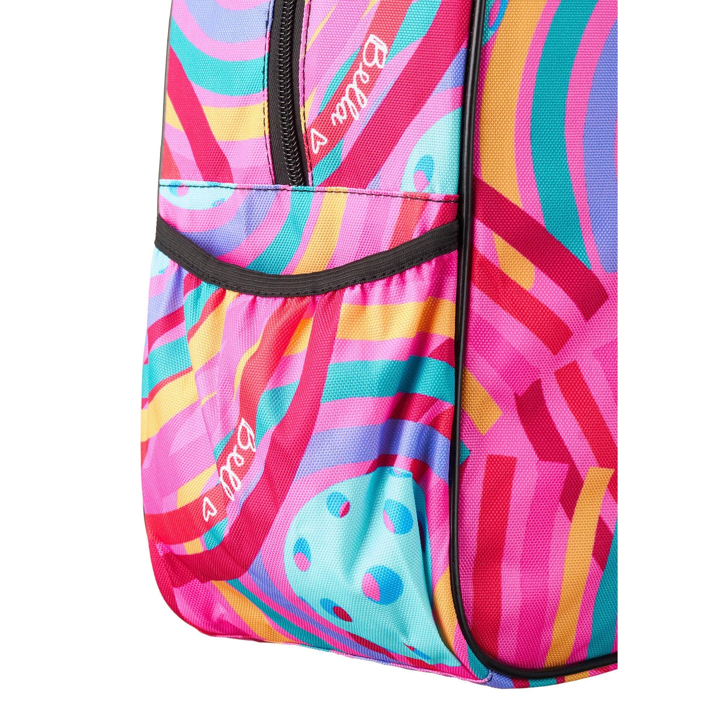 Close-up of the PB Duffle Bag Circle by Pickleball Bella, featuring a durable build, colorful abstract pattern with multicolored arched stripes, wavy lines, dots, black zipper, pocket, and repeated white “Bora” script on the fabric.