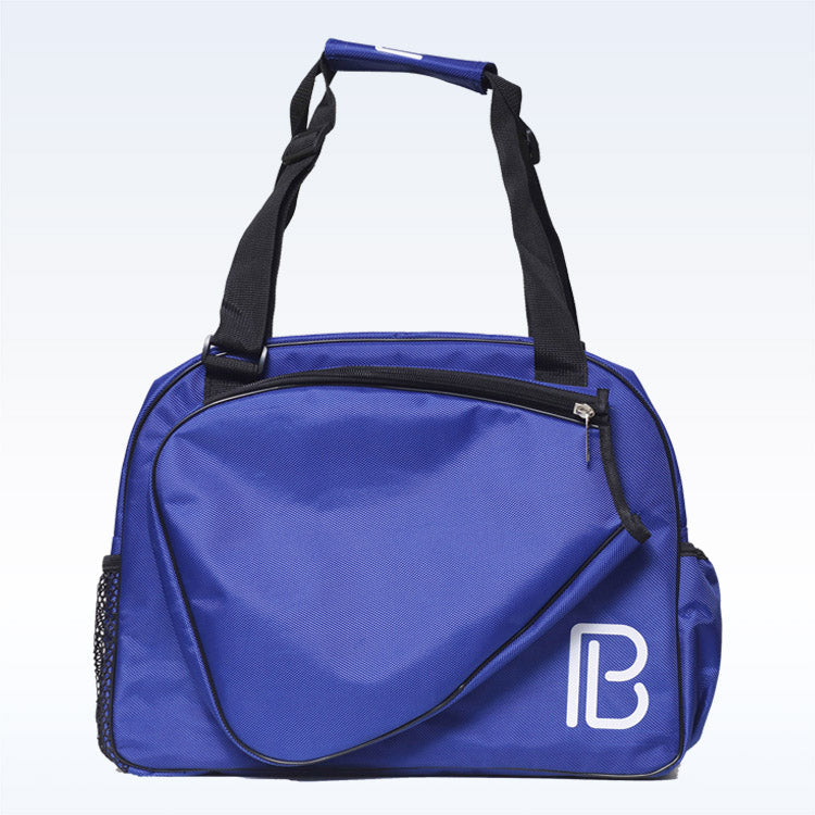 The Pickleball Bella PB Duffle Bag Cobalt Blue features black straps and trim, a curved front zippered paddle pocket, white PB logo, mesh side pocket, padded handles, and a light gradient background—perfect for court essentials.