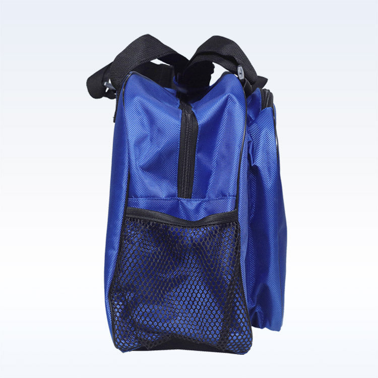 The Pickleball Bella PB Duffle Bag in Cobalt Blue is shown from the side, featuring black top handles, a zippered paddle pocket, black zipper, and mesh side pocket. The plain background highlights its stylish design for carrying your court gear.