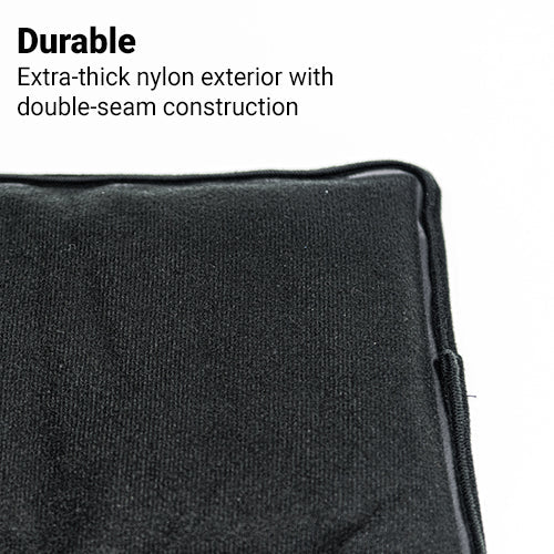 Close-up of iReliev’s Premium Reusable Hot and Cold Therapy Gel Pack with Securement Straps. The black pouch features extra-thick nylon and double-stitched seams for lasting durability, shown on a white background in bold and regular fonts.