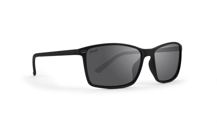 The Murphy by Epoch Eyewear are black matte polarized sunglasses with rectangular lenses, dark tint, and slightly rounded edges. A subtle logo appears on the left temple. Full UVA/UVB protection. Shown on a white background.