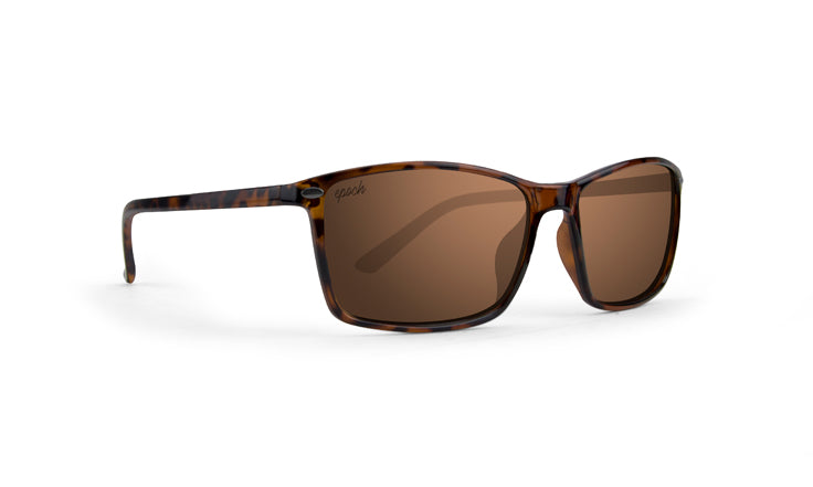 The Murphy by Epoch Eyewear are brown tortoiseshell sunglasses with rectangular polarized, shatterproof lenses for superior UVA & UVB protection. Matching thin arms and a small logo on the left lens complete the stylish design.