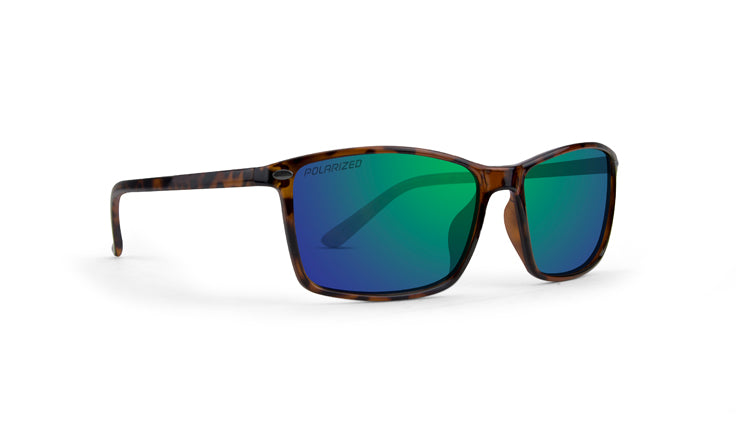 Epoch Eyewear’s Murphy sunglasses feature a brown tortoiseshell frame, mirrored blue-green lenses with POLARIZED etched on the left lens, rectangular shape, and 100% UVA/UVB protection—shown against a plain white background.