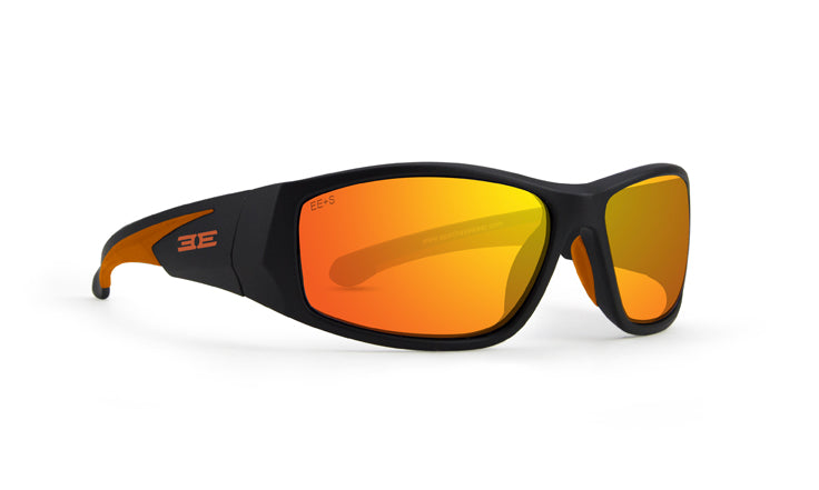 The Salerno by Epoch Eyewear are sporty, full-frame sunglasses with thick black frames, orange arms, mirrored orange lenses, and a white EE logo on the left arm. Their wraparound design offers extra coverage and a modern athletic style.