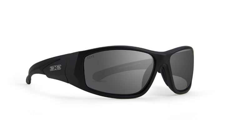 The Salerno by Epoch Eyewear are matte black, full-frame sunglasses with thick frames, dark tinted lenses, and a white "3BE" logo on the left arm. Sporty and sleek, they provide full eye coverage and a comfortable fit.