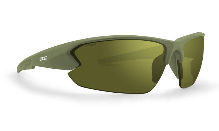 The Epoch Eyewear Midway sunglasses feature olive green, semi-rimless frames with mirrored green-tinted shatterproof lenses and thick arms with a subtle white logo, offering a sleek, aerodynamic look ideal for outdoor activities.