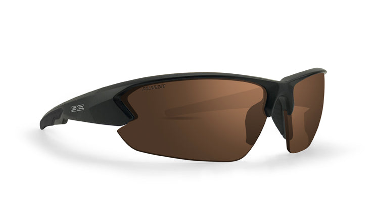 Epoch Eyewear’s Midway sunglasses are black, semi-rimless sport shades with brown polarized lenses, a sleek wraparound frame, thick arms with a small logo near the temples, and rubberized nose pads and arm ends for comfort.
