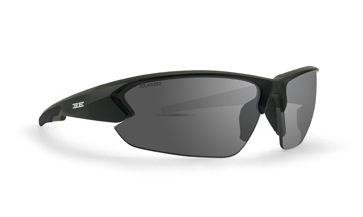 The Epoch Eyewear Midway sunglasses feature sleek black wraparound polarized lenses, a shatterproof frame with a subtle logo on the left arm, and a raised nose bridge for comfort and protection during outdoor activities.