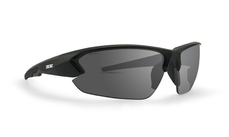 The Epoch Eyewear Midway sunglasses feature a sporty, aerodynamic design with black wraparound frames, shatterproof dark tinted lenses, a thick temple with white logo, and a molded nose bridge for comfort—ideal for athletic use.