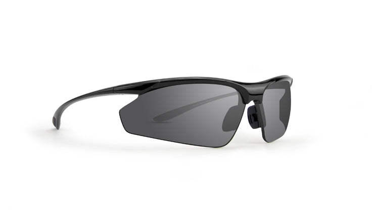 Epoch Eyewear’s Cadence Lightweight Wrap Sunglasses feature a sleek black design, UV-protective semi-rimless wraparound dark lenses, a curved frame, and adjustable nose pads, displayed on a white background.