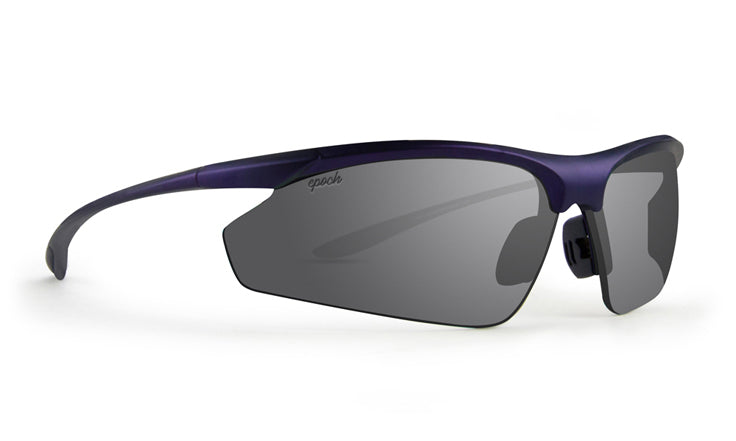 The Cadence Lightweight Wrap Sunglasses by Epoch Eyewear feature a sleek, sporty design with a dark purple frame, large UV-protective wraparound lenses, curved arms, a minimal nose bridge, and subtle "epoch" branding on the left lens.
