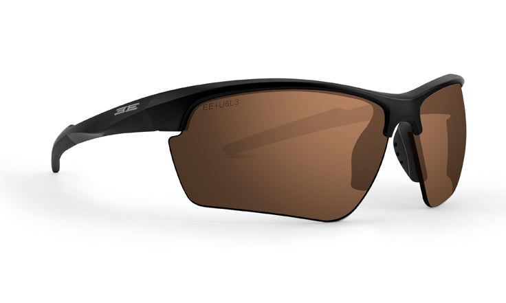 The Kennedy Sport Wrap Sunglasses by Epoch Eyewear feature a black semi-rimless frame, large brown shatterproof polycarbonate lenses, UVA/UVB protection, and white branding on the temple for style and comfort.
