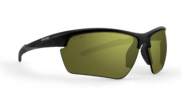 The Epoch Eyewear Kennedy Sport Wrap Sunglasses feature a semi-rimless black frame, large curved olive-green shatterproof polycarbonate lenses, sleek arms with a white logo, rubber nose pads for comfort, and UVA/UVB protection.