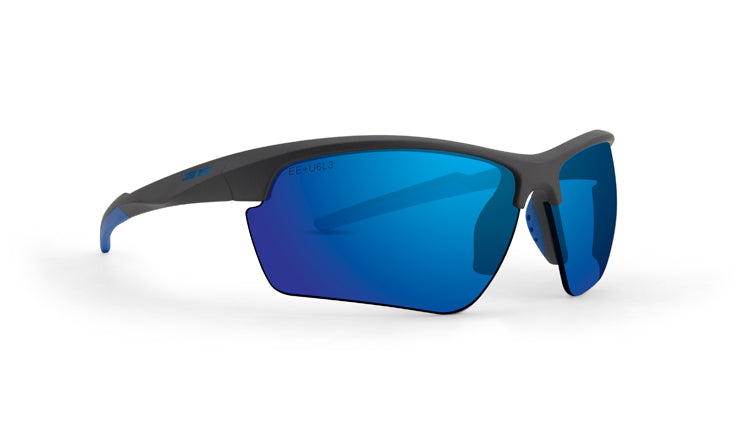 The Kennedy Sport Wrap Sunglasses by Epoch Eyewear feature black semi-rimless frames, reflective blue shatterproof polycarbonate lenses, UVA/UVB protection, and a sleek, aerodynamic design for comfortable active use.