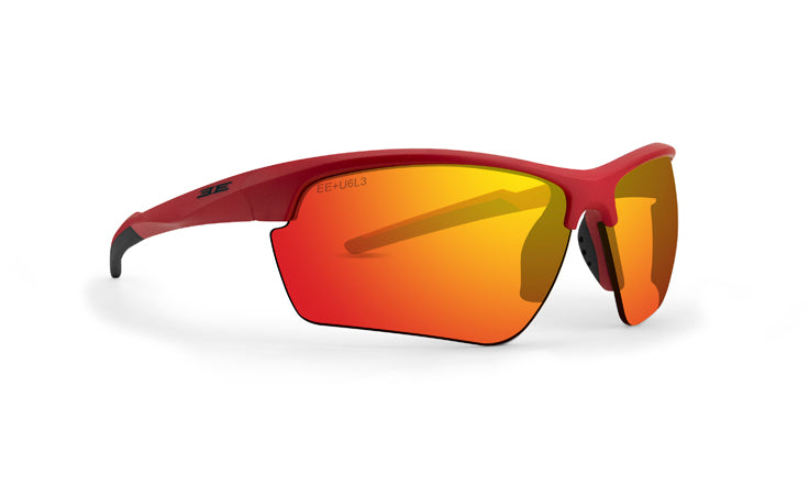 The Kennedy Sport Wrap Sunglasses by Epoch Eyewear feature a red frame, orange-red mirrored shatterproof polycarbonate lenses, red arms with black tips, the Epoch Eyewear logo on the left arm and lens, and UVA & UVB protection. Plain white background.