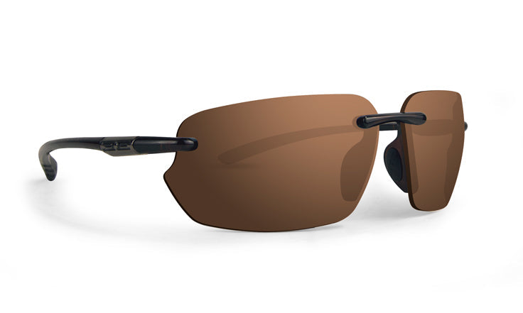 The Epoch Eyewear McGavin sunglasses feature a frameless, rectangular design with large brown-tinted lenses, thin black arms, and black nose pads. Lightweight and minimalist, they’re ideal for the Pro Tour Championship. Displayed on a white background.