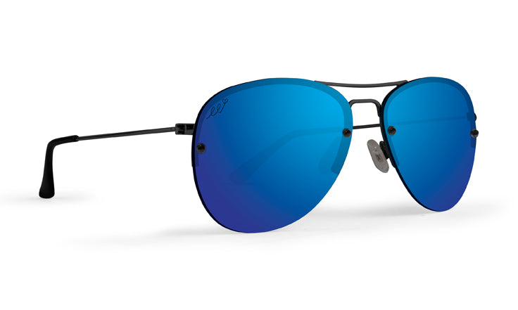 The Emerson by Epoch Eyewear are polarized aviator sunglasses with thin black metal frames, large mirrored blue lenses, curved black temple tips, adjustable nose pads, and offer sleek modern style plus excellent UV protection.