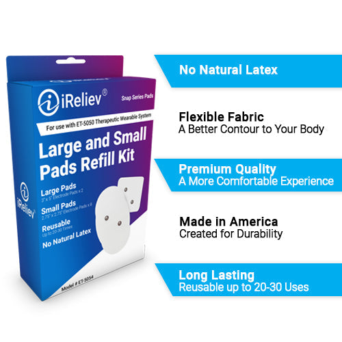 A blue and white box labeled iReliev Wireless Large and Small Electrode Pads Refill Kit is shown with images of two pad shapes. Features highlighted: no natural latex, flexible fabric, premium quality, made in America, long lasting use.