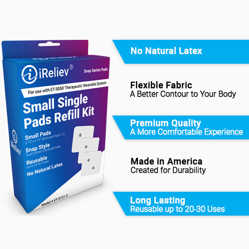 A blue and white iReliev Wireless Small Pads Refill Kit box is shown, featuring premium hydrogel, no natural latex, flexible fabric, made in America, and 20–30 sessions per pad. Three electrode pads are illustrated.