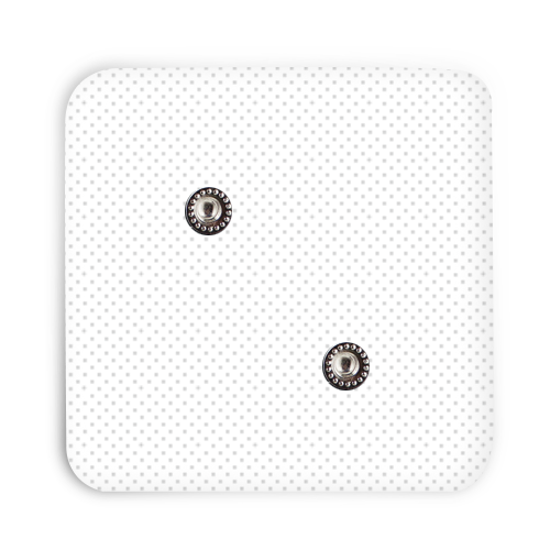 The iReliev Wireless Small Pads Refill Kit features a white, square design with two round metallic-outlined holes and a subtle gray dotted pattern, reminiscent of modern therapeutic wearables. Set against a plain white background.