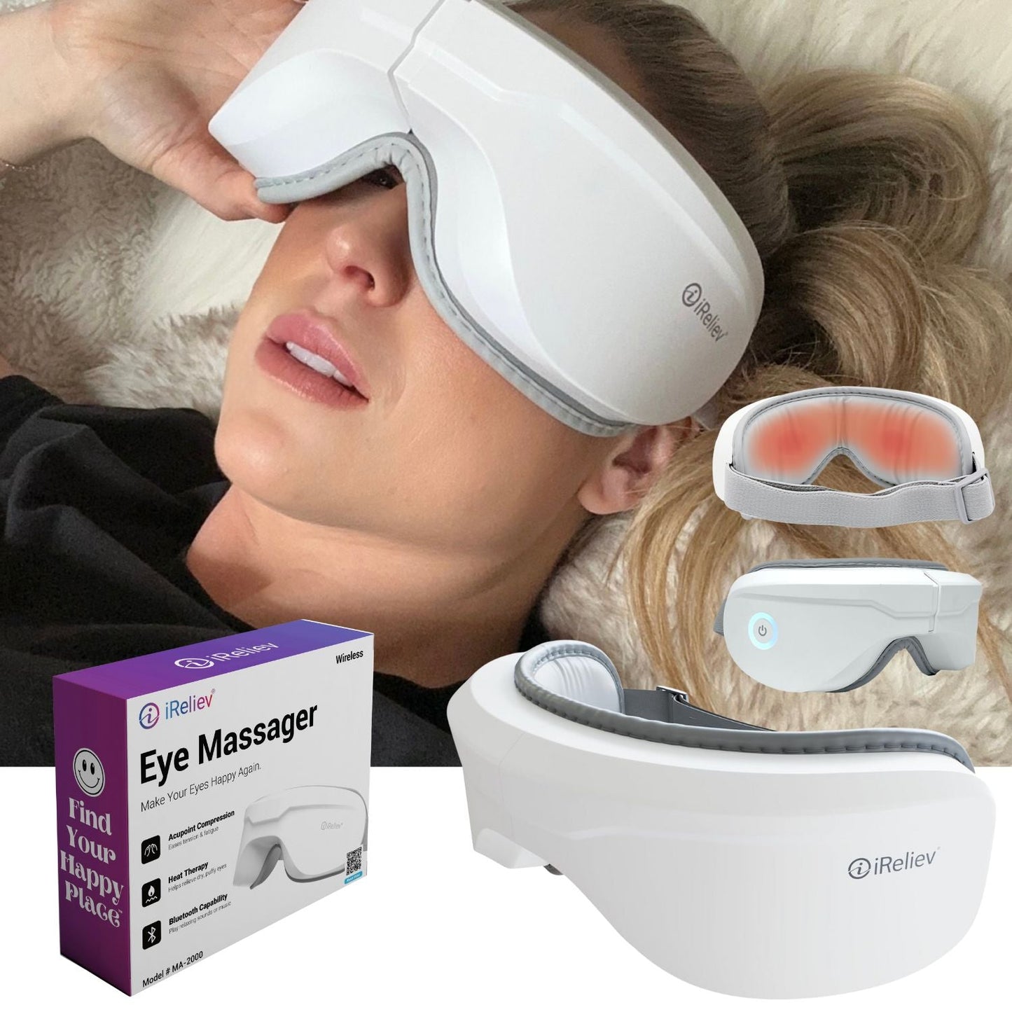 A woman relaxes on a couch wearing the iReliev Relaxable™ Eye Massager with Heat. The image also shows close-ups highlighting its design and packaging labeled "Relaxable™ Eye Massager with Heat.