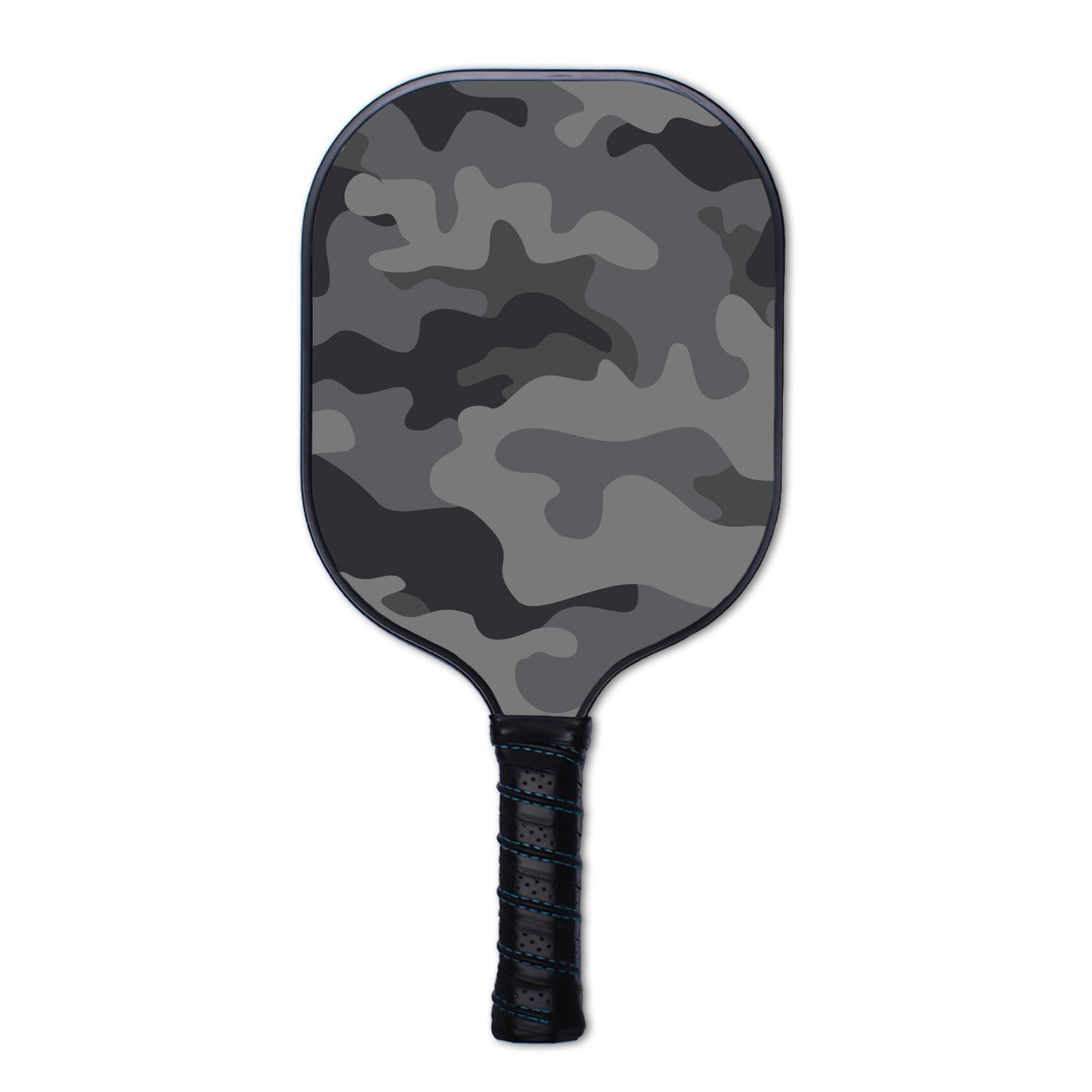 The Swinton Pickleball Eclipse Camo Pickleball Paddle features a gray, black, and dark green camouflage design on its textured graphite face, a black grip tape-wrapped handle, and is USA Pickleball Approved. Shown on a white background.