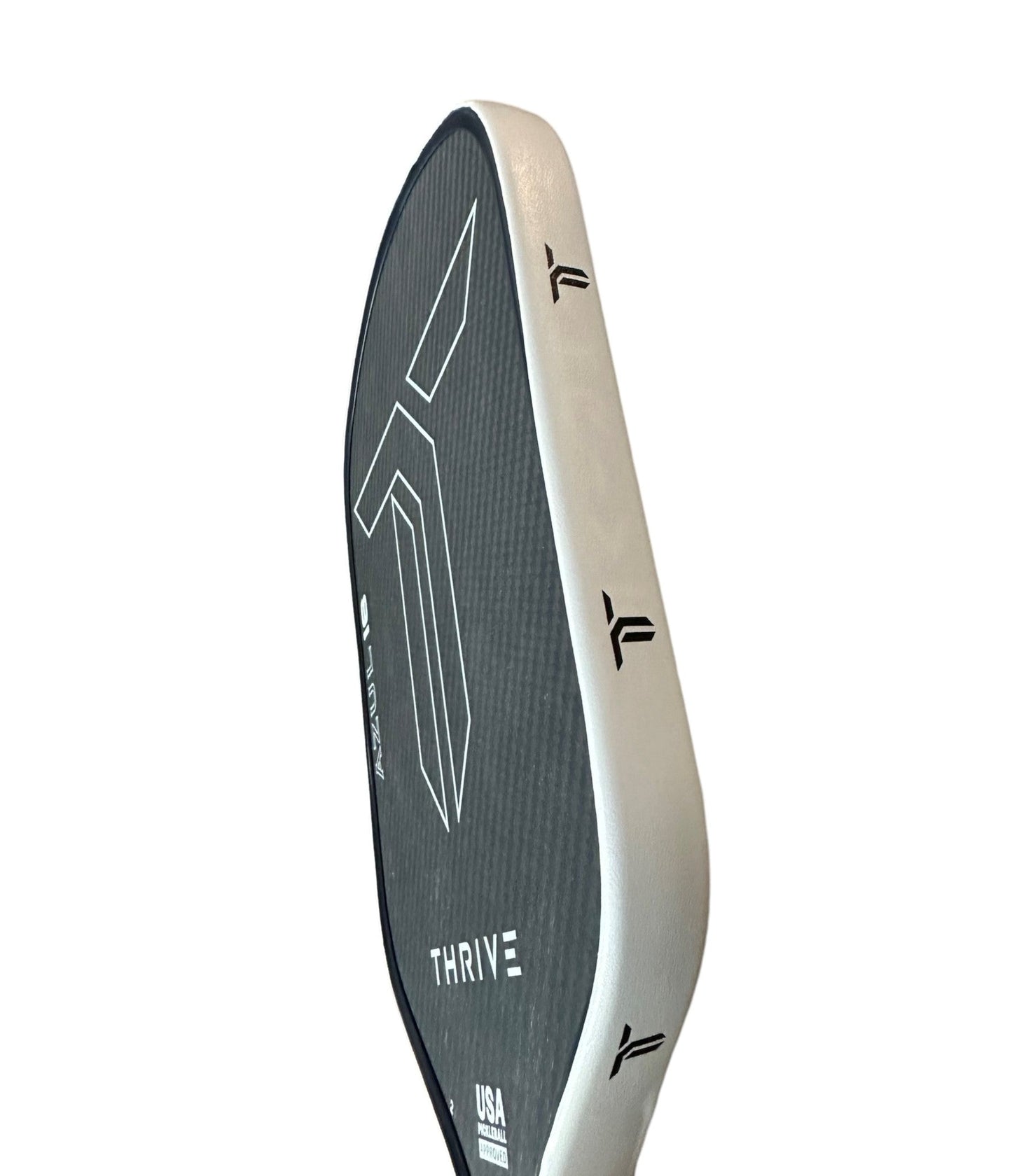 Thrive Pickleball's Edge Guard Tape (2 pcs) is shown in black and gray with a white geometric T design. The tape offers extra paddle protection, features black logos, and includes "USA Pickleball Approved" text at the bottom.