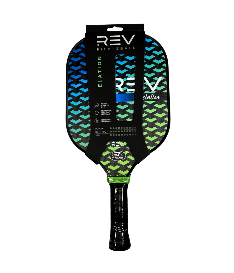 The ELATION Pickleball Paddle by REV Pickleball is USAPA approved, featuring a blue, green, and black chevron fiberglass face, black trim and handle with a white REV logo. Details and branding appear on a white cardboard sleeve.